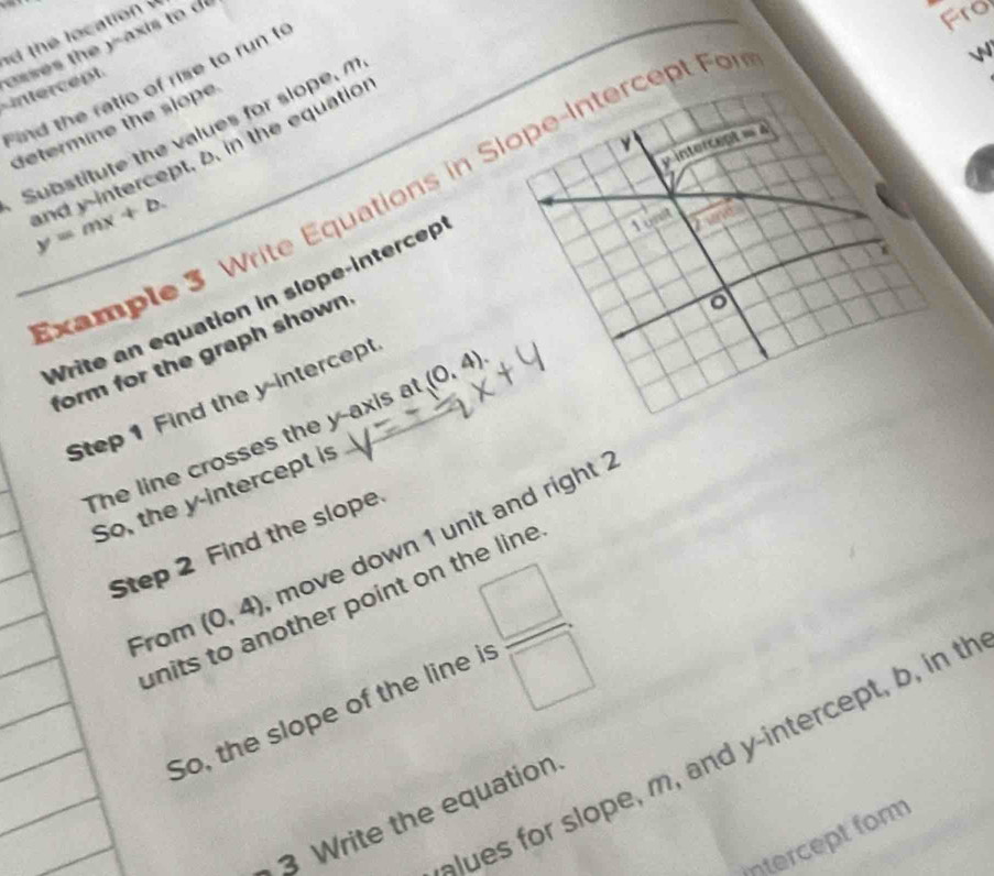 th e location v 
Fro 
nd the ratio of rise to run t 
tr e pt 
determine the slope 
Substitute the values for slope, m
y
y intercept = a 
ample 3 Write Equations in Siope-Intercept For 


and y-intercept, b, in the equatior y=mx+b. 
Write an equation in slope-intercep 
funit Tund 
form for the graph shown 
。 
Step 1 Find the y-intercept 
The line crosses the y-axis a (0,4). 
So, the y-intercept is 
Step 2 Find the slope 
From (0,4) move down 1 unit and right 
units to another point on the line 
So, the slope of the line is  □ /□  
slues for slope, m, and y-intercept, b, in th 
3 Write the equation 
ntercept form