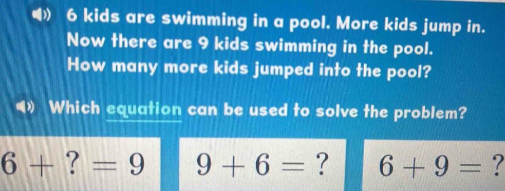 () 6 kids are swimming in a pool. More kids jump in.
Now there are 9 kids swimming in the pool.
How many more kids jumped into the pool?
Which equation can be used to solve the problem?
6+?=9 9+6= ? 6+9= ?