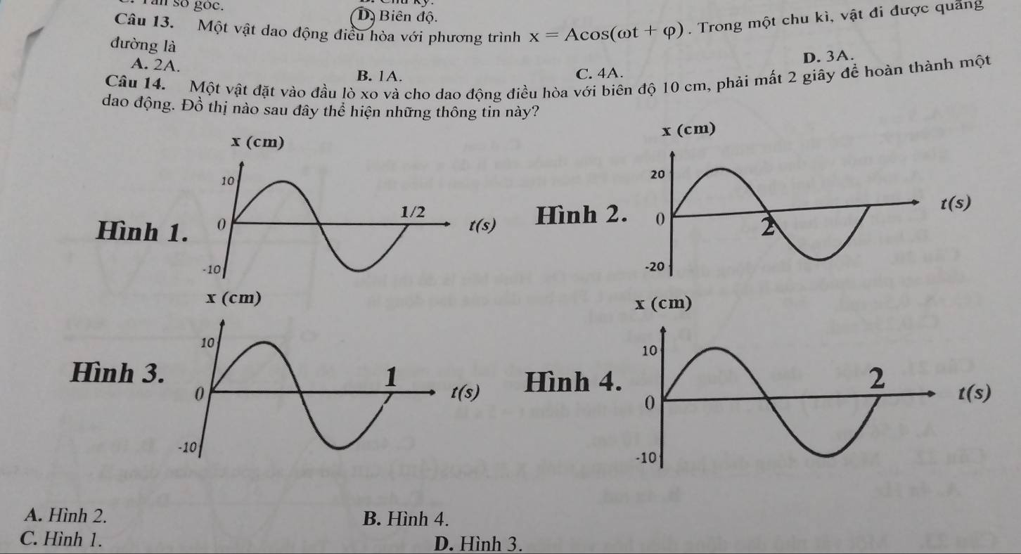 ran so goc. Dị Biên độ.
Câu 13. Một vật dao động điều hòa với phương trình x=Acos (omega t+varphi ). Trong một chu kì, vật đi được quảng
đường là
A. 2A.
D. 3A.
B. 1A. C. 4A.
Câu 14. Một vật đặt vào đầu lò xo và cho dao động điều hòa với biên độ 10 cm, phải mất 2 giây để hoàn thành một
dao động. Đồ thị nào sau dây thể hiện những thông tin này?
Hình 1 Hình 2 t(s)
x (cm)
Hình 3
Hình
t(s)
A. Hình 2. B. Hình 4.
C. Hình 1. D. Hình 3.