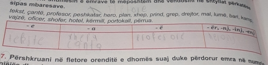 umesin e emrave té méposhtem dne vendosini ne snryllat pérka te 
sipas mbaresave. 
tekst, çantë, profesor, peshkatar, hero, plan, xhep, prind, grep, drejtor, mal, lumë, bari, ka 
vajzë, oficer, 
7. Përshkruani në fletore orenditë e dhomës suaj duke përdorur emra në numna