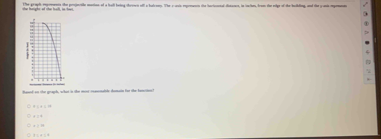 the height of the ball, in feet. The graph represents the projectile motion of a ball being thrown off a balcony. The z -axis represents the horizontal distance, in inches, from the edge of the building, and the y-axis represents
u
1
11
1
1 a s
Based on the graph, what is the most reasonable domain for the function?
≤ x≤ 16
p:0
x>10
2≤ x≤ 6