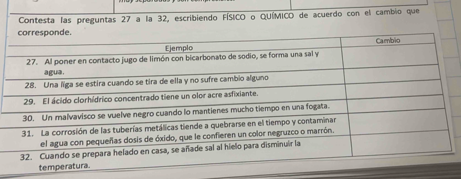 Contesta las preguntas 27 a la 32, escribiendo FÍSICO o QUÍMICO de acuerdo con el cambio que