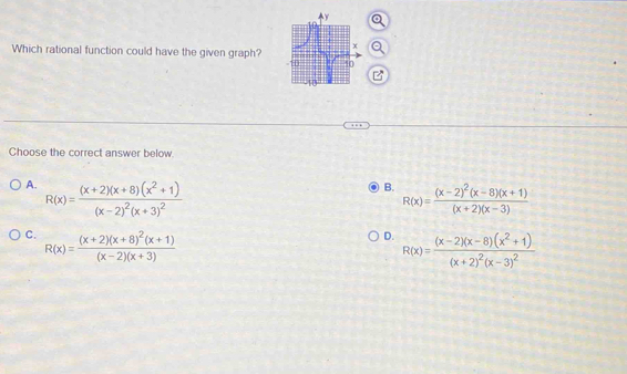 Which rational function could have the given graph?
Choose the correct answer below.
A. R(x)=frac (x+2)(x+8)(x^2+1)(x-2)^2(x+3)^2
B. R(x)=frac (x-2)^2(x-8)(x+1)(x+2)(x-3)
C. R(x)=frac (x+2)(x+8)^2(x+1)(x-2)(x+3)
D. R(x)=frac (x-2)(x-8)(x^2+1)(x+2)^2(x-3)^2