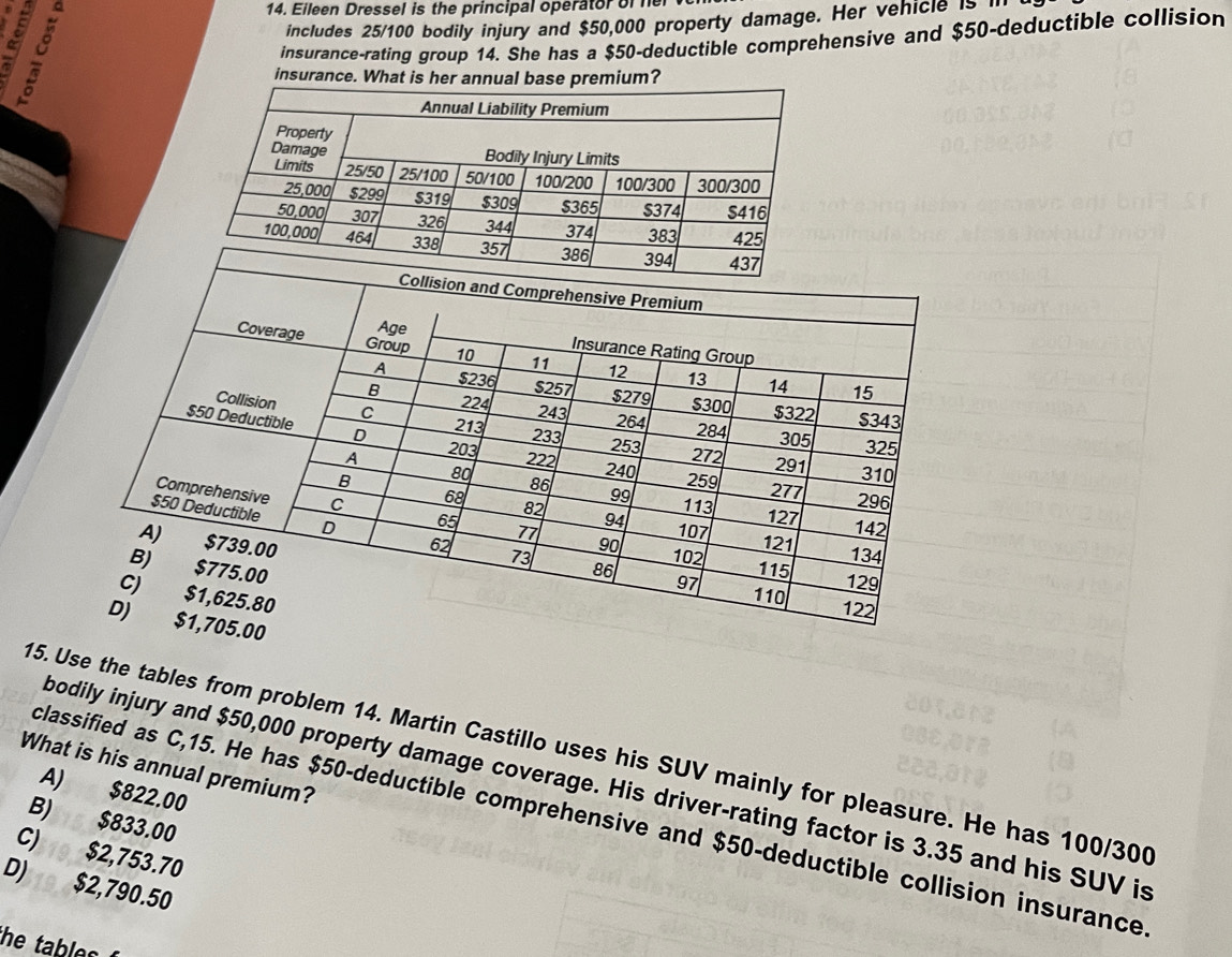 a
14. Eileen Dressel is the principal operator of he
includes 25/100 bodily injury and $50,000 property damage. Her vehicle is l
insurance-rating group 14. She has a $50 -deductible comprehensive and $50 -deductible collision
º insurance. What is her annual base premium?
15. Use the tables from problem 14. Martin Castillo uses his SUV mainly for pleasure. He has 100/300
What is his annual premium?
bodily injury and $50,000 property damage coverage. His driver-rating factor is 3.35 and his SUV is
A) $822.00
classified as C,15. He has $50 -deductible comprehensive and $50 -deductible collision insurance
B) $833.00
C) $2,753.70
D) $2,790.50
he tables .