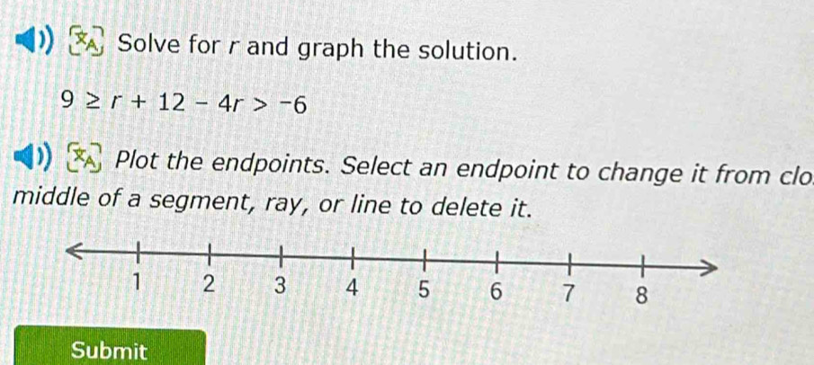 Solve for r and graph the solution.
9≥ r+12-4r>-6
Plot the endpoints. Select an endpoint to change it from clo 
middle of a segment, ray, or line to delete it. 
Submit