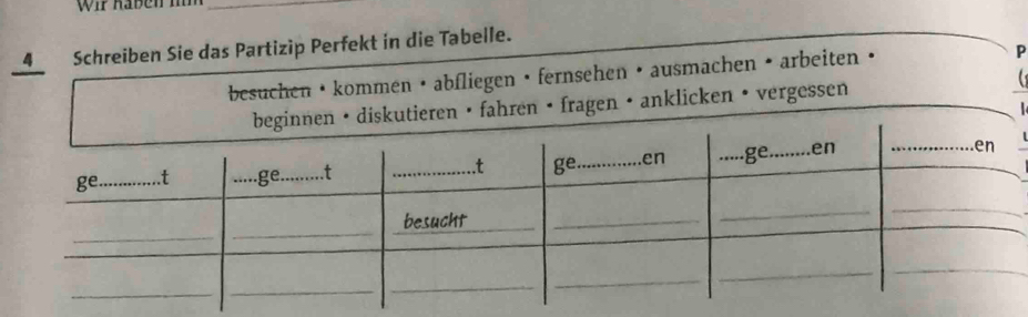 Wir Kaben n_
_4 Schreiben Sie das Partizip Perfekt in die Tabelle.
besuchen • kommen • abfliegen • fernsehen • ausmachen • arbeiten •
P
fragen • anklicken • vergessen