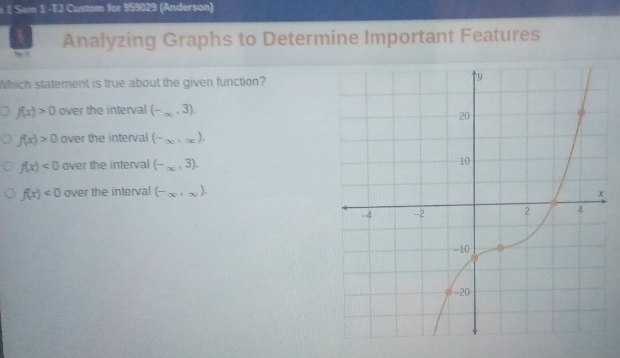 Sem 1 -TJ Custom for 959029 (Anderson)
Analyzing Graphs to Determine Important Features
l i
Which statement is true about the given function?
f(x)>0 over the interval (-∈fty ,3).
f(x)>0 over the interval (-∈fty ,∈fty ).
f(x)<0</tex> over the interval (-∈fty ,3).
f(x)<0</tex> over the interval (-∈fty ,∈fty ).