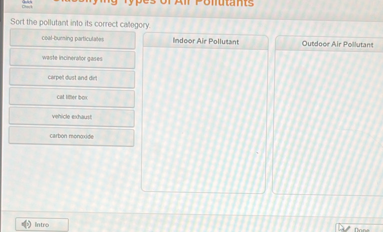 Check Quick Alr Pollutants
Sort the pollutant into its correct category.
coal-burning particulates Indoor Air Pollutant Outdoor Air Pollutant
waste incinerator gases
carpet dust and dirt
cat litter box
vehicle exhaust
carbon monoxide
Intro
Done