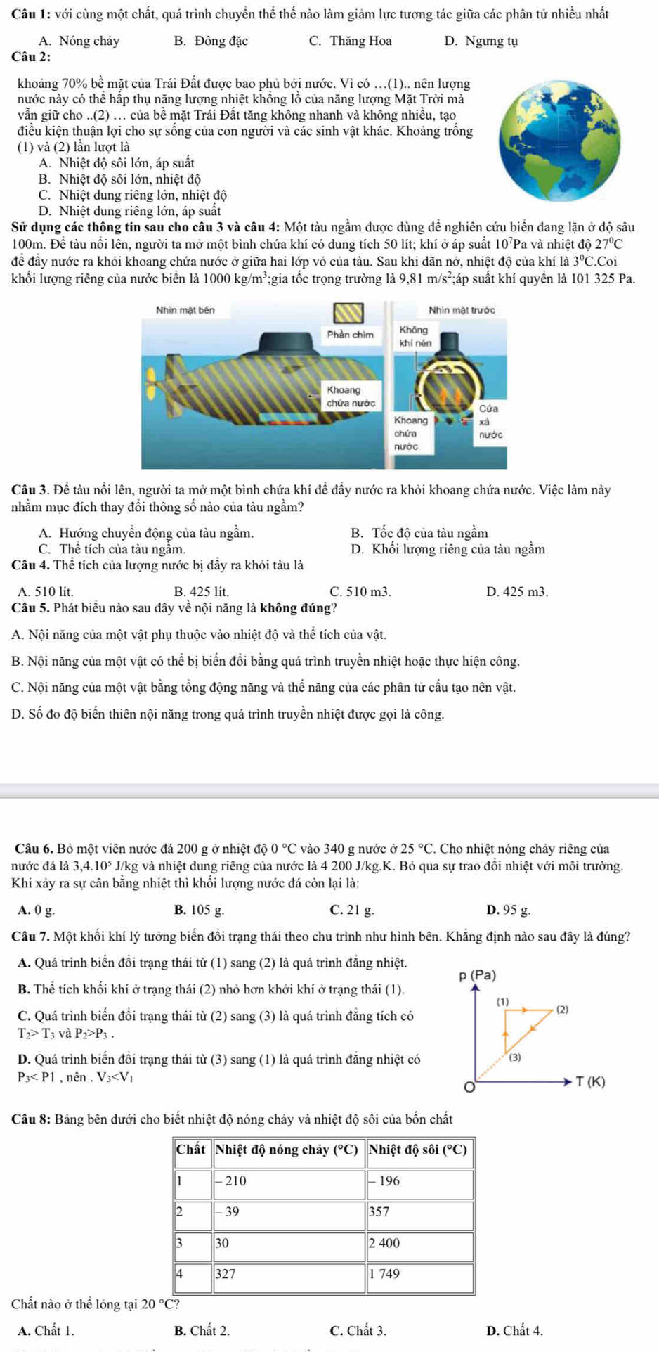 với cùng một chất, quá trình chuyển thể thế nào làm giảm lực tương tác giữa các phân tử nhiều nhất
A. Nóng chảy B. Đông đặc C. Thăng Hoa D. Ngưng tụ
Câu 2:
khoảng 70% bề mặt của Trái Đất được bao phủ bởi nước. Vì có .(1).. nên lượng
nước này có thể hấp thụ năng lượng nhiệt khổng lồ của năng lượng Mặt Trời mà
vẫn giữ cho ..(2) … của bề mặt Trái Đất tăng không nhanh và không nhiều, tạo
điều kiện thuận lợi cho sự sống của con người và các sinh vật khác. Khoảng trống
(1) và (2) lần lượt là
A. Nhiệt độ sôi lớn, áp suất
B. Nhiệt độ sôi lớn, nhiệt độ
C. Nhiệt dung riêng lớn, nhiệt độ
D. Nhiệt dung riêng lớn, áp suất
Sử dụng các thông tin sau cho câu 3 và câu 4: Một tàu ngầm được dùng để nghiên cứu biển đang lặn ở độ sâu
100m. Đề tàu nổi lên, người ta mở một bình chứa khí có dung tích 50 lít; khí ở áp suất 107Pa và nhiệt độ 27°C
để đầy nước ra khỏi khoang chứa nước ở giữa hai lớp vỏ của tàu. Sau khi dãn nở, nhiệt độ của khí là 3ºC.Coi
khối lượng riêng của nước biển là 1000 kg/m³;gia tốc trọng trường là 9,81 m/s²;áp suất khí quyền là 101 325 Pa.
Câu 3. Để tàu nổi lên, người ta mở một bình chứa khí đề đầy nước ra khỏi khoang chứa nước. Việc làm này
nhằm mục đích thay đổi thông số nào của tàu ngầm?
A. Hướng chuyển động của tàu ngầm. B. Tốc độ của tàu ngầm
C. Thể tích của tàu ngẫm. D. Khối lượng riêng của tàu ngầm
Câu 4. Thể tích của lượng nước bị đầy ra khỏi tàu là
A. 510 lit. B. 425 lit. C. 510 m3. D. 425 m3.
Câu 5. Phát biểu nào sau đây về nội năng là không đúng?
A. Nội năng của một vật phụ thuộc vào nhiệt độ và thể tích của vật.
B. Nội năng của một vật có thể bị biến đổi bằng quá trình truyền nhiệt hoặc thực hiện công.
C. Nội năng của một vật bằng tổng động năng và thế năng của các phân tử cấu tạo nên vật.
D. Số đo độ biến thiên nội năng trong quá trình truyền nhiệt được gọi là công.
Câu 6. Bỏ một viên nước đá 200 g ở nhiệt độ 0°C vào 340 g nước ở 25°C. Cho nhiệt nóng chảy riêng của
nước đá là 3,4.10^5 J/kg và nhiệt dung riêng của nước là 4 200 J/kg.K. Bỏ qua sự trao đồi nhiệt với môi trường.
Khi xảy ra sự cân bằng nhiệt thì khối lượng nước đá còn lại là:
A. 0 g. B. 105 g. C. 21 g. D. 95 g.
Câu 7. Một khối khí lý tưởng biến đồi trạng thái theo chu trình như hình bên. Khẳng định nảo sau đây là đúng?
A. Quá trình biển đổi trạng thái từ (1) sang (2) là quá trình đăng nhiệt.
p(Pa)
B. Thể tích khối khí ở trạng thái (2) nhỏ hơn khởi khí ở trạng thái (1).
C. Quá trình biến đồi trạng thái từ (2) sang (3) là quá trình đẳng tích có
T_2>T 3 và P_2>P_3.
D. Quá trình biển đổi trạng thái từ (3) sang (1) là quá trình đẳng nhiệt có
P_3 nên.V_3
Câu 8: Bảng bên dưới cho biết nhiệt độ nóng chảy và nhiệt độ sôi của bốn chất
Chất nào ở thể lỏng tại 1 
A. Chất 1. B. Chất 2. C. Chất 3. D. Chất 4.