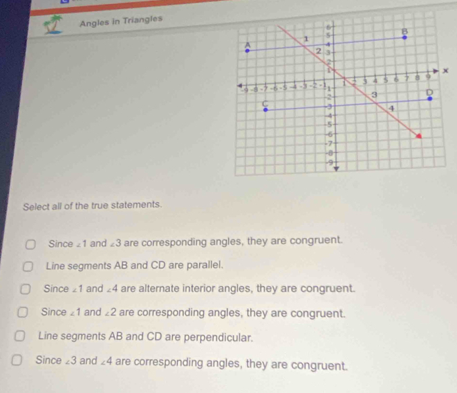 Angles in Triangles
Select all of the true statements.
Since ∠ 1 and ∠ 3 are corresponding angles, they are congruent.
Line segments AB and CD are parallel.
Since ∠ 1 and ∠ 4 are alternate interior angles, they are congruent.
Since ∠ 1 and ∠ 2 are corresponding angles, they are congruent.
Line segments AB and CD are perpendicular.
Since ∠ 3 and ∠ 4 are corresponding angles, they are congruent.