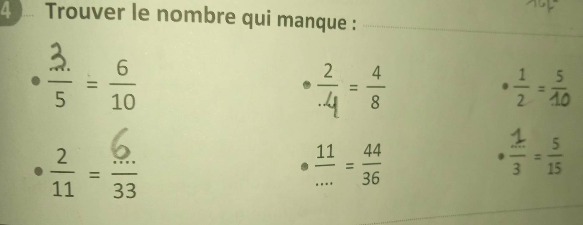 4 )... Trouver le nombre qui manque :_ 
-
 11/... = 44/36 
- 
_ 
_