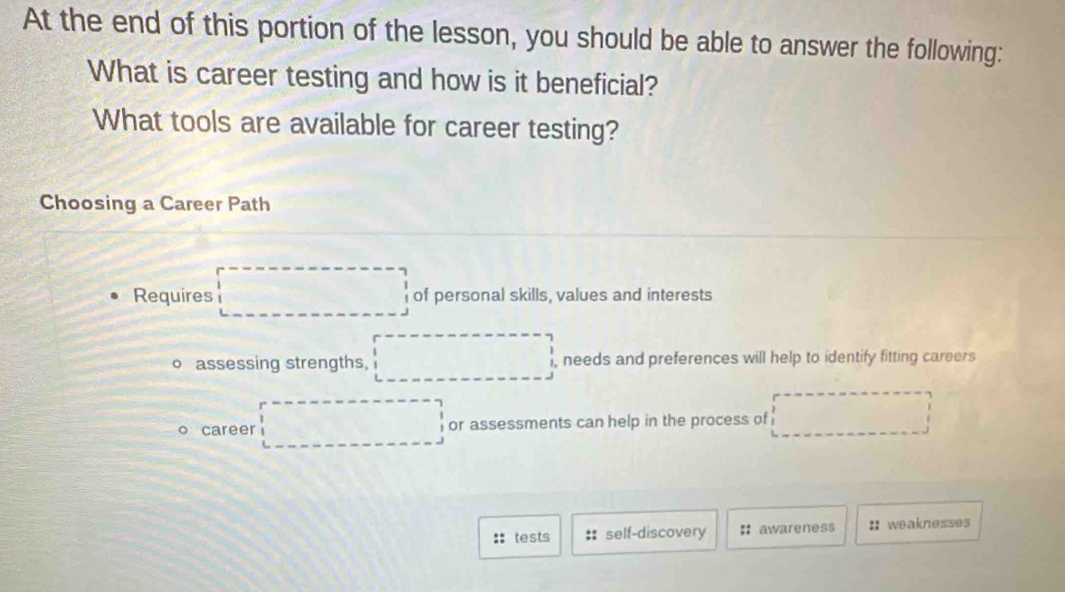 At the end of this portion of the lesson, you should be able to answer the following: 
What is career testing and how is it beneficial? 
What tools are available for career testing? 
Choosing a Career Path 
Requires □ of personal skills, values and interests 
assessing strengths, □ , needs and preferences will help to identify fitting careers 
career □ or assessments can help in the process of □ 
:: tests :: self-discovery : awareness :: weaknesses