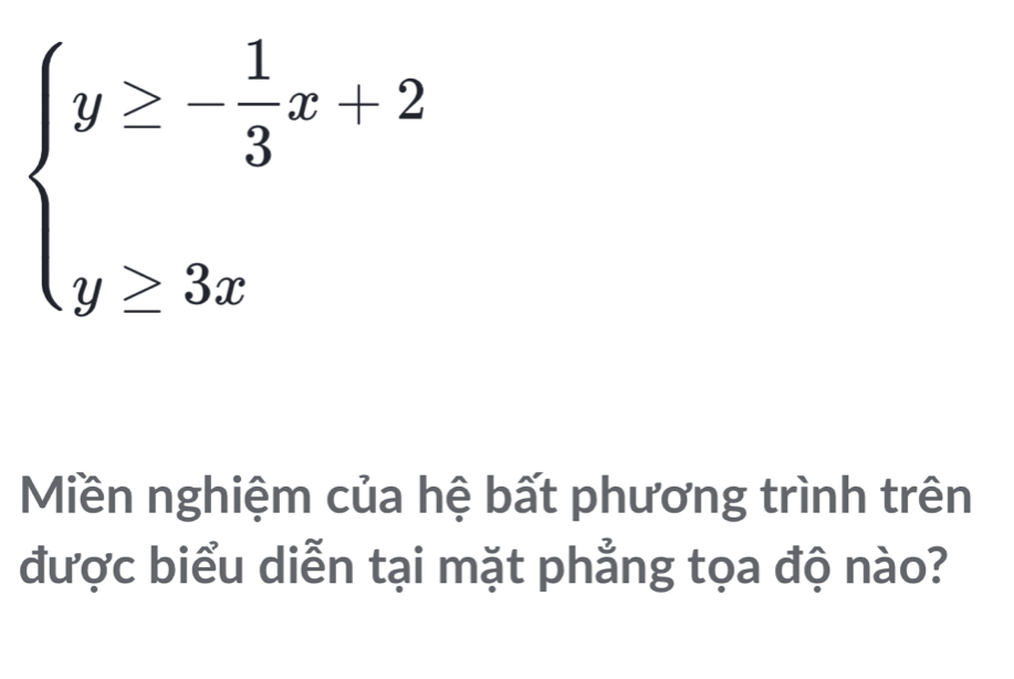 beginarrayl y≥ - 1/3 x+2 y>3xendarray.
Miền nghiệm của hệ bất phương trình trên 
được biểu diễn tại mặt phẳng tọa độ nào?