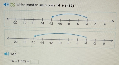 Which number line models -4+(^-12)
Add,
-4+(-12)=□