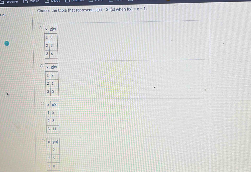 reso urces musica juegos
Choose the table that represents g(x)=3· f(x) when f(x)=x-1.
1-20..