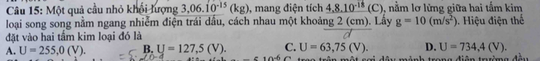 Một quả cầu nhỏ khổi lượng 3,06.10^(-15)(kg) , mang điện tích _ 4,8.10^(-18)(C) ), nằm lơ lừng giữa hai tấm kim
loại song song nằm ngang nhiễm điện trái dầu, cách nhau một khoảng 2 (cm). Lấy g=10(m/s^2) iệu điện thế
đặt vào hai tầm kim loại đó là
A. U=255, 0(V). B. U=127,5(V). C. U=63,75(V). D. U=734, 4(V). 
18 diện trườg đầu