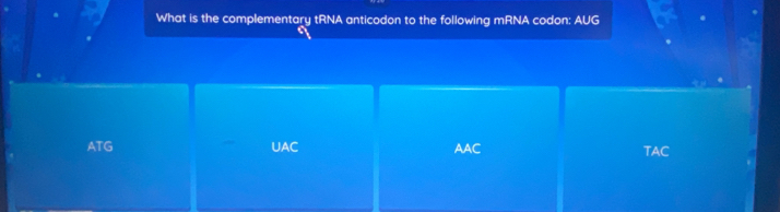 What is the complementary tRNA anticodon to the following mRNA codon: AUG
ATG UAC AAC TAC