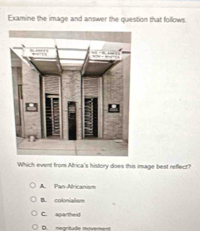 Examine the image and answer the question that follows.
Which event from Africa's history does this image best refflect?
A. Pan-Africanism
B. colonialism
C. apartheid
D. negritude movement