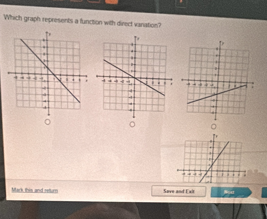 Which graph represents a function with direct vanation? 
。 
, 
s
4
:
-5 - - - 2 J 1
Mark this and return Save and Exit Next