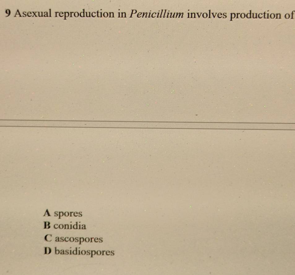 Asexual reproduction in Penicillium involves production of
A spores
B conidia
C ascospores
D basidiospores