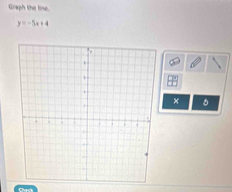 Graph the line.
y=-5x+4
× 
Check