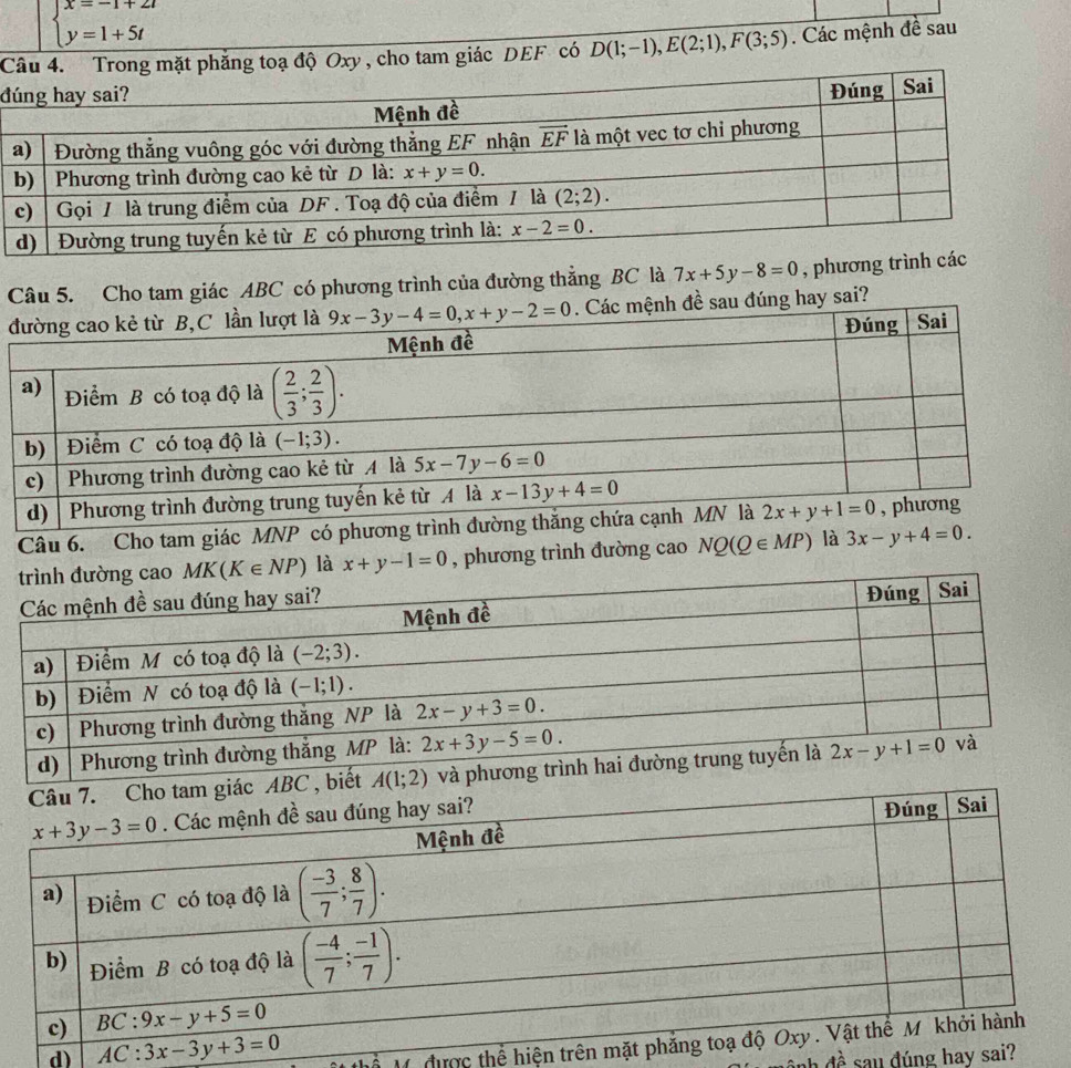 beginarrayl x=-1+2t y=1+5tendarray.
Cng toạ độ Oxy , cho tam giác DEF có D(1;-1),E(2;1),F(3;5). Các mệnh đề sau
d
Câu 5. Cho tam giác ABC có phương trình của đường thẳng BC là 7x+5y-8=0 , phương t
ề sau đúng hay sai?
Câu 6. Cho tam giác MNP có phương trì
là x+y-1=0 , phương trình đường cao NQ(Q∈ MP) là 3x-y+4=0.
d) 
M được thể hiện tr
nh  đ ề sau đúng hay sai?