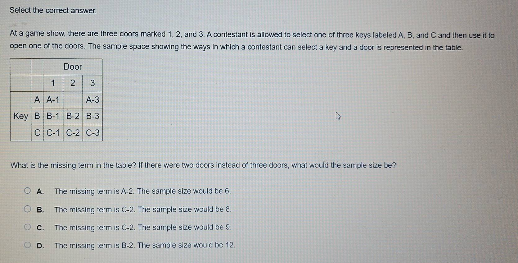 Select the correct answer.
At a game show, there are three doors marked 1, 2, and 3. A contestant is allowed to select one of three keys labeled A, B, and C and then use it to
open one of the doors. The sample space showing the ways in which a contestant can select a key and a door is represented in the table.
What is the missing term in the table? If there were two doors instead of three doors, what would the sample size be?
A. The missing term is A -2. The sample size would be 6.
B. The missing term is C-2. The sample size would be 8.
C. The missing term is C-2. The sample size would be 9.
D. The missing term is B-2. The sample size would be 12.