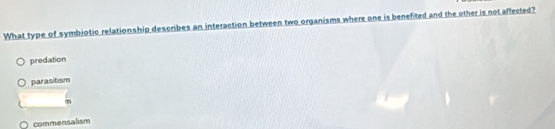 What type of symbiotic relationship describes an interaction between two organisms where one is benefited and the other is not affected?
predation
parasitism
commensalism