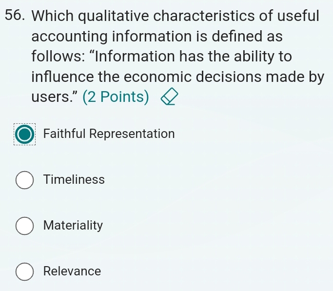 Which qualitative characteristics of useful
accounting information is defined as
follows: “Information has the ability to
influence the economic decisions made by
users.” (2 Points)
Faithful Representation
Timeliness
Materiality
Relevance