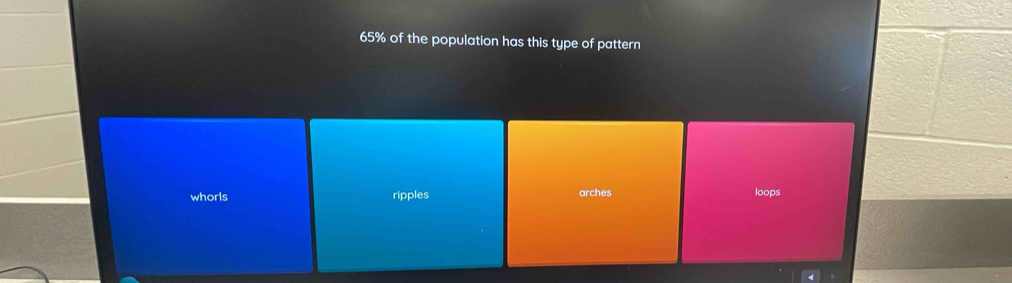 65% of the population has this type of pattern 
whorls ripples arches loops