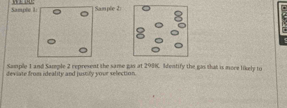 Sample 1: Sample 2: 
Sample 1 and Sample 2 represent the same gas at 298K. Identify the gas that is more likely to 
deviate from ideality and justify your selection.