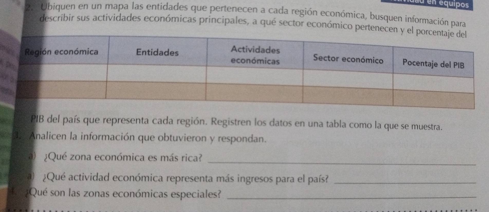 dau en equipos 
2. Ubiquen en un mapa las entidades que pertenecen a cada región económica, busquen información para 
describir sus actividades económicas principales, a qué sector económico pertene 
PIB del país que representa cada región. Registren los datos en una tabla como la que se muestra. 
3. Analicen la información que obtuvieron y respondan. 
a) ¿Qué zona económica es más rica?_ 
3) . ¿Qué actividad económica representa más ingresos para el país?_ 
¿Qué son las zonas económicas especiales?_