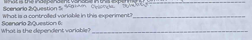 what is the independent vanable in this expenment._ 
Scenario 2:Question 5: 
What is a controlled variable in this experiment?_ 
Scenario 2:Question 6: 
What is the dependent variable?_