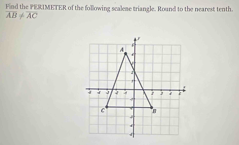 Find the PERIMETER of the following scalene triangle. Round to the nearest tenth.
overline AB!= overline AC