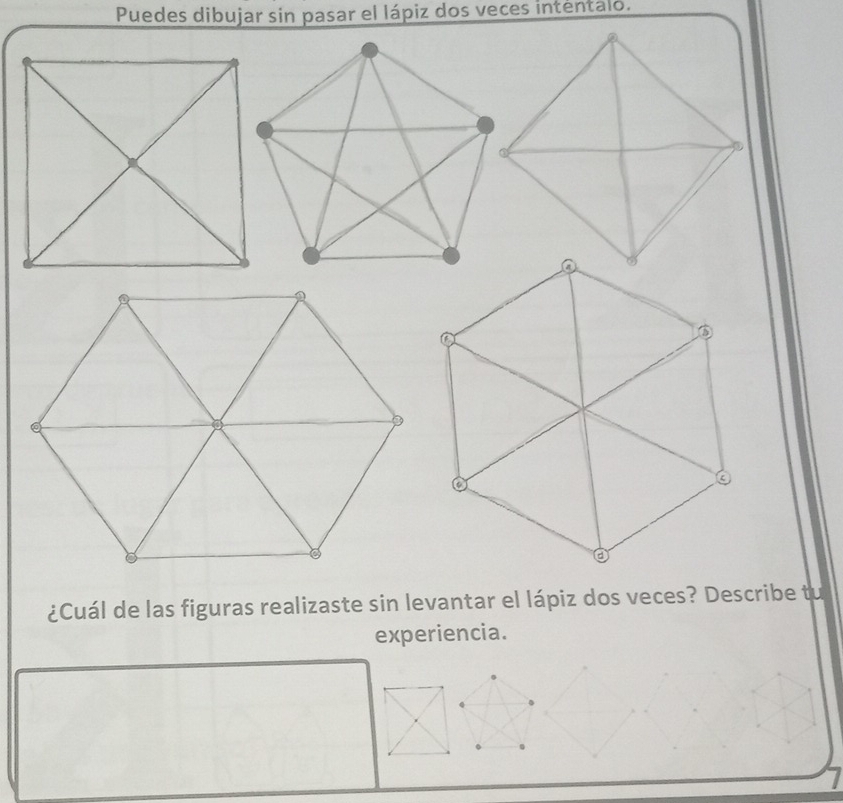 Puedes dibujar sin pasar el lápiz dos veces inténtalo. 
¿Cuál de las figuras realizaste sin levantar el lápiz dos veces? Describe tu 
experiencia.