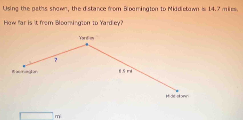 Using the paths shown, the distance from Bloomington to Middletown is 14.7 miles. 
How far is it from Bloomington to Yardley? 
Yardley 
? 
Bloomington 8.9 mi
Middletown
□ mi