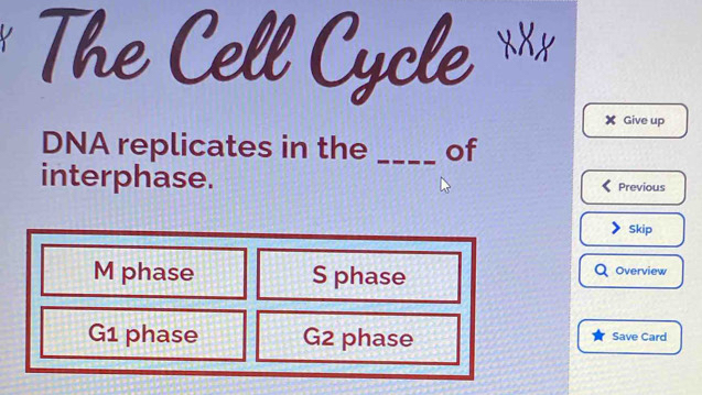 The Cell Cycle **
X Give up
DNA replicates in the _of
interphase. Previous
Skip
M phase S phase Overview
G1 phase G2 phase Save Card