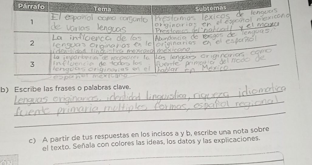 Escribe las frases o palabras clave. 
_ 
_ 
_ 
_ 
c) A partir de tus respuestas en los incisos a y b, escribe una nota sobre 
_ 
el texto. Señala con colores las ideas, los datos y las explicaciones.