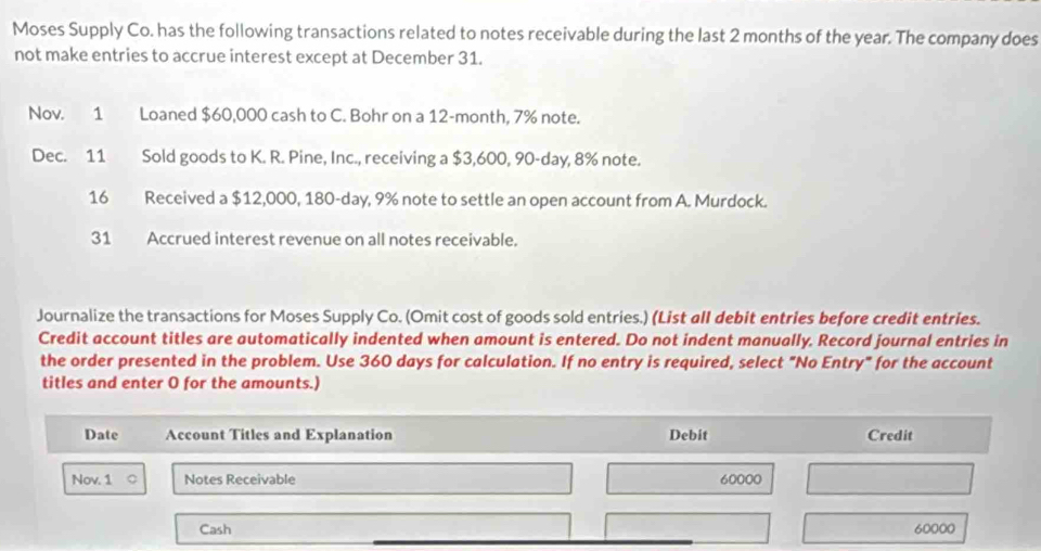 Moses Supply Co. has the following transactions related to notes receivable during the last 2 months of the year. The company does 
not make entries to accrue interest except at December 31. 
Nov. 1 Loaned $60,000 cash to C. Bohr on a 12-month, 7% note. 
Dec. 11 Sold goods to K. R. Pine, Inc., receiving a $3,600, 90-day, 8% note. 
16 Received a $12,000, 180-day, 9% note to settle an open account from A. Murdock. 
31 Accrued interest revenue on all notes receivable. 
Journalize the transactions for Moses Supply Co. (Omit cost of goods sold entries.) (List all debit entries before credit entries. 
Credit account titles are automatically indented when amount is entered. Do not indent manually. Record journal entries in 
the order presented in the problem. Use 360 days for calculation. If no entry is required, select "No Entry" for the account 
titles and enter O for the amounts.)