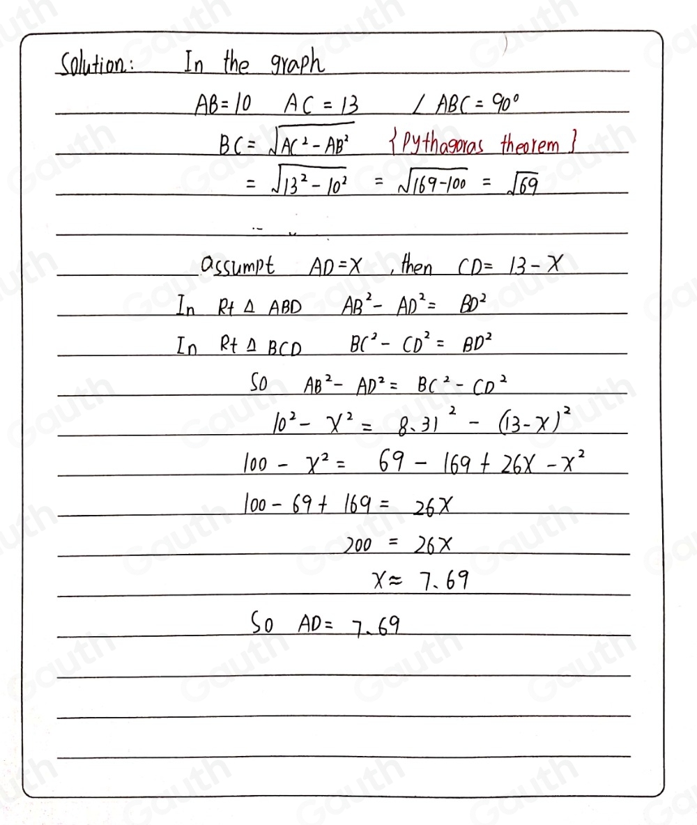 Solved: If AB=10 and AC=13 , what is AD? Write your answer as a whole ...
