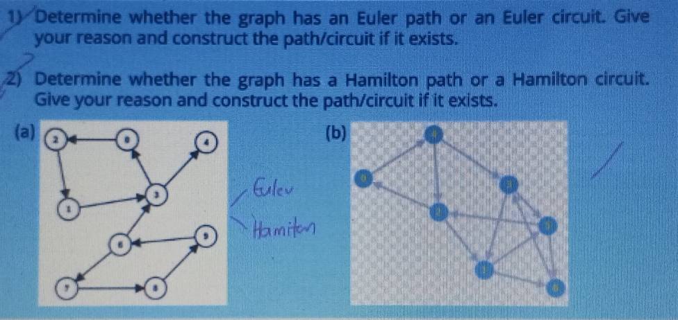 Determine whether the graph has an Euler path or an Euler circuit. Give 
your reason and construct the path/circuit if it exists. 
2) Determine whether the graph has a Hamilton path or a Hamilton circuit. 
Give your reason and construct the path/circuit if it exists. 
(a 
(b)