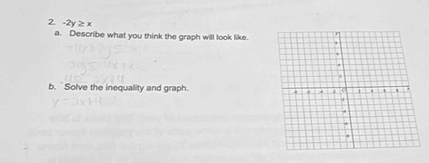 -2y ≥ x
a. Describe what you think the graph will look like. 
b. Solve the inequality and graph.