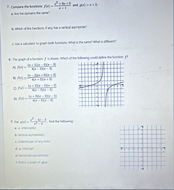 Compare the functions f(x)= (x^2+6x+5)/x+1  and g(x)=x+5. 
a. Are the domains the same?
b. Which of the functions, if any, has a vertical asymptote?
c. Use a calculator to graph both functions. What is the same? What is different?
8. The graph of a function f is shown. Which of the following could define the functionƒ?
A) f(x)= ((x+2)(x-5)(x-3))/4(x-2)(x-3) 
B) f(x)= ((x-2)(x+5)(x+3))/4(x+2)(x+3) 
Q f(x)= ((x+2)(x-5)(x-2))/4(x-2)(x-5) 
D) f(x)= ((x+2)(x-2)(x-5))/4(x-2)(x-3) 
9. For g(x)= (x^2-2x-3)/x^2-9  find the following
a. z -intercept(s) 
b. Vertical asymptote(s)
c. Ordered pair of any holes
d. y-intercept 
e. Horizontal asymptote(s)
f. Sketch a graph of g(x).