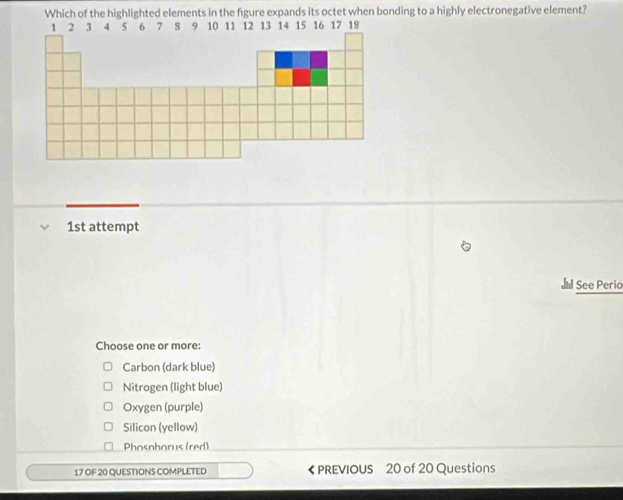 Which of the highlighted elements in the figure expands its octet when bonding to a highly electronegative element?
1st attempt
』 See Perio
Choose one or more:
Carbon (dark blue)
Nitrogen (light blue)
Oxygen (purple)
Silicon (yellow)
Phosphorus (red)
17 OF 20 QUESTIONS COMPLETED 《 PREVIOUS 20 of 20 Questions