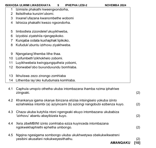 IPHEPHA LESI-2 NOVEMBA 2024 
ziingxaki, (2) 
4.2 Khankanya igama okanye ibinzana elizisa intsingiselo yokuba izinto (2) 
ezilahlekisa intombi (a) aziyincami (b) azicingi nangobubi ezibenza kuyo. 
4.3 Chaza ukuba kutyhila ntoni ngengxaki ekuyo intombazana ukubabiza (2) 
‘izirhovu’ abantu abayibizela kuyo. 
4.4 Xela zibeMBINI izinto zomhlaba eziza kuyinceda intombazana 
ngokwekhaphlethi ephetha umbongo. (2) 
4.5 Ngqina ngesigama sombongo ukuba ukukhwetywa obekukwikwatreni 
yesibini akusafani nokukweyesithathu. AMANQAKU [10] (2)