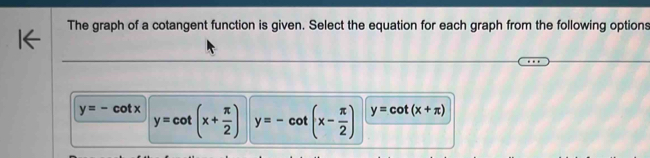 The graph of a cotangent function is given. Select the equation for each graph from the following options
y=-cot x y=cot (x+ π /2 ) y=-cot (x- π /2 ) y=cot (x+π )