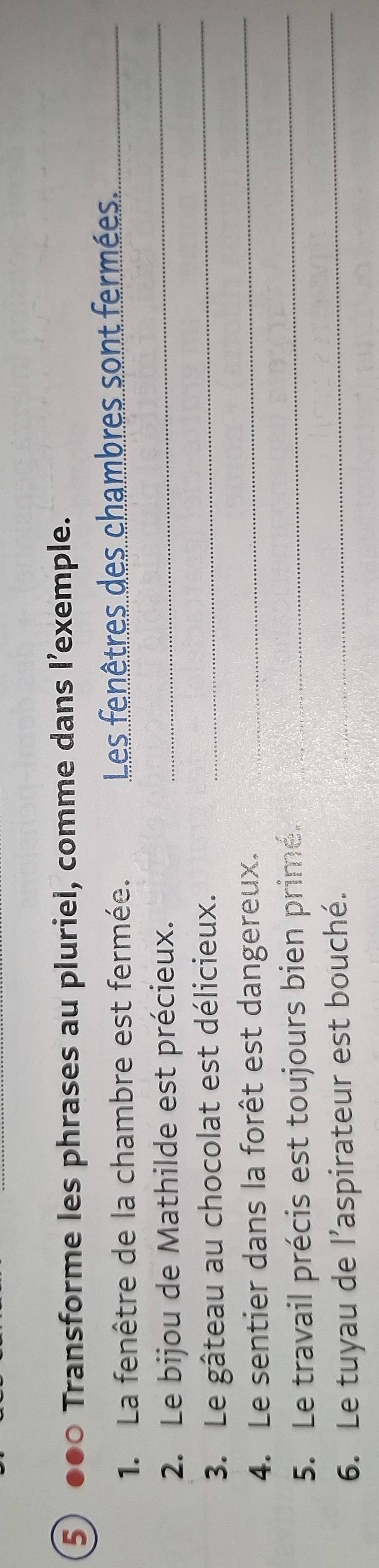 ●●○ Transforme les phrases au pluriel, comme dans l'exemple. 
1. La fenêtre de la chambre est fermée. Les fenêtres des chambres sont fermées._ 
2. Le bijou de Mathilde est précieux._ 
_ 
3. Le gâteau au chocolat est délicieux._ 
4. Le sentier dans la forêt est dangereux. 
5. Le travail précis est toujours bien prime._ 
6. Le tuyau de l’aspirateur est bouché._