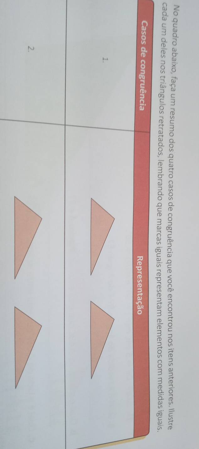 No quadro abaixo, faça um resumo dos quatro casos de congruência que você encontrou nos itens anteriores. Ilustre 
cada um deles nos triângulos retratados