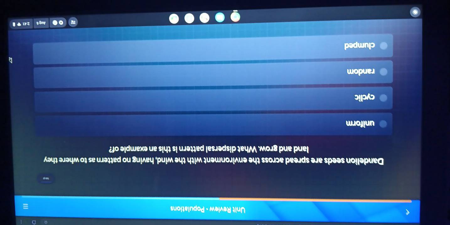 Unit Review - Populations
Dandelion seeds are spread across the environment with the wind, having no pattern as to where they
land and grow. What dispersal pattern is this an example of?
uniform
cyclic
random
clumped
Aug 6
