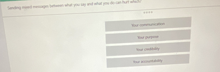 Sending mixed messages between what you say and what you do can hurt which?
D ○ 。
Your communication
Your purpose
Your credibility
Your accountability